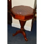 A REPRODUCTION MAHOGANY AND INLAID OCTAGONAL TRUMPET SEWING/GAMES TABLE, on triple legs