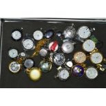 A COLLECTION OF TWENTY FOUR POCKET WATCHES inside a metal case, to include a number of silver and