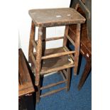 A PAIR OF 19TH CENTURY ELM FRAMED STOOLS, a pine bar stool, child's chair, easel and a painted