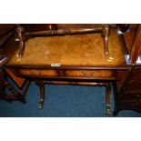 A REPRODUCTION WALNUT AND MAHOGANY SOFA TABLE, together with a drop leaf occasional table and an