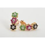 A PAIR OF 9CT GOLD MULTI-GEM EARRINGS, designed as a vertical row of three flower heads, an emerald,