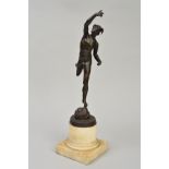 A LATE 19TH CENTURY BRONZE FIGURE OF HERMES, on a circular foot with short white marble column to