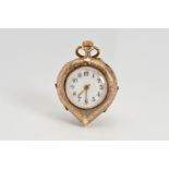 A LADY'S POCKET WATCH of pear shape outline with engine turned detail and engraved floral decoration