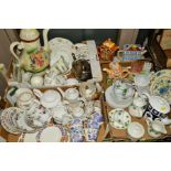 THREE BOXES OF CERAMICS, TEAWARES, etc, to include Royal Crown Derby unfinished teapot, Masons
