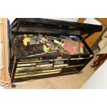 A CLARKE HD PLUS 14 DRAWER METAL WORKSHOP TOOL CHEST with lid and containing some tools, hardware