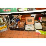 FIVE BOXES AND LOOSE SUNDRY ITEMS, to include scales and weights (Avery etc) Metamec Sunburst clock,