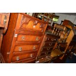 AN OAK CHEST OF FOUR DRAWERS, oak hi fi cabinet, oak nest of three tables, oak fireside chair with