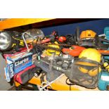 A CLARKE PIPE BENDER, B & Q mitre saw, various power tools, helmets, harnesses and a Flymo strimmer