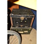 THREE VINTAGE WOODEN TOOLBOXES, two with metal banding and tray inserts