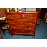 A VICTORIAN FLAME MAHOGANY SCOTTISH CHEST OF TWO SHORT AND THREE LONG DRAWERS, width 121cm x depth