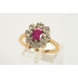 A MODERN 9CT GOLD RUBY AND DIAMOND OVAL CLUSTER RING, estimated total diamond weight 0.25ct, ring