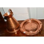 A COPPER HAY STACK MEASURE and a copper wall plate (2)