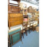 AN EARLY 20TH CENTURY OAK RUSH SEATED FOOTSTOOL, four various other chairs, card table, three