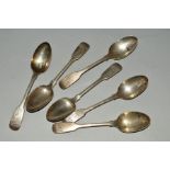 A SET OF SIX VICTORIAN SILVER FIDDLE PATTERN TEASPOONS, engraved initials, maker SH, London 1864,