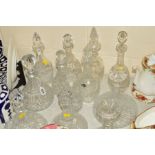 TWELVE VARIOUS CUT GLASS DECANTERS to include ships decanters, Brierley crystal, Czechoslovakia,