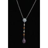 A MODERN 18CT WHITE GOLD MULTI GEMSTONE DROP PENDANT, comprises blue topaz, diamond, citrine and