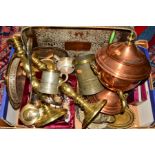A BOX OF METALWARES including pewter and brass tankards, a pair of brass candlesticks, a copper