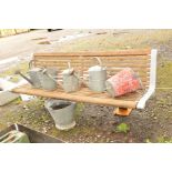 A GALVANISED METAL FRAMED REAR GROUND FITTED OUTDOOR PARK BENCH, with teak slats (width 200cm x