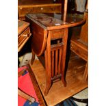 AN EDWARDIAN MAHOGANY, STRUNG AND BANDED OVAL TOPPED SUTHERLAND TABLE