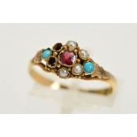 A LATE 19TH TO EARLY 20TH CENTURY 12CT GARNET, SPLIT PEARL AND TURQUOISE RING, (a/f two split pearls