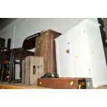 A WHITE PAINTED TWO DOOR CUPBOARD, wooden sea chest with rope handles, a small wooden crate
