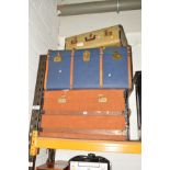 A BLUE WOODEN BANDED TRAVELLERS TRUNK, together with another travelling trunk and two suitcases (4)