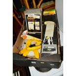 A TRAY OF SURVEYING TOOLS including a Challenge adjustable laser level kit, Protimeter
