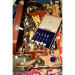 A BOX OF SILVER PLATE, BRASS AND PEWTER, including small suitcase of assorted cutlery, an entree