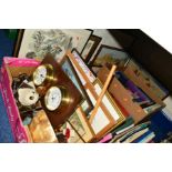 THREE BOXES AND LOOSE SUNDRY ITEMS, to include 'English Elegance' clock/barometer (battery
