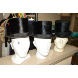 THREE GENTS TOP HATS, one marked 'City Style', approximate size 54cm, some holes to the leather