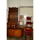 A MID 20TH CENTURY OAK STICK BACK CHAIR, pair of Edwardian chairs and an Edwardian hall chair (