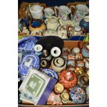 TWO BOXES OF CERAMICS, COMMEMORATIVE SPOONS ETC, to include Copeland Spode 'Italian' teapot and