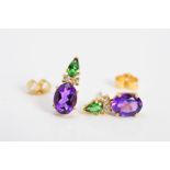 A MODERN PAIR OF AMETHYST, GREEN GARNET AND DIAMOND STUD EARRINGS, post and scroll fittings,
