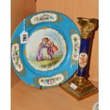 A LATE 19TH CENTURY SEVRES PORCELAIN CABINET PLATE, turquoise blue ground, the centre painted with a