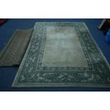 A WOOLLEN GREEN GROUND RUG, 277cm x 187cm together with another green rug (sd) (2)