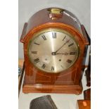 AN EDWARDIAN MAHOGANY AND INLAID CADDY TOP BRACKET CLOCK, brass carry handle to the top, silvered
