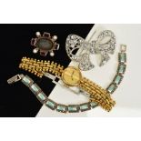 A MISCELLANEOUS JEWELLERY COLLECTION, to include a gold plated Longines wristwatch, a marcasite