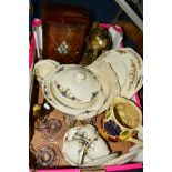 VARIOUS CERAMICS, BRASSWARES ETC, to include mother of pearl inlaid work box, part dinnerwares etc