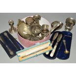 A COLLECTION OF SILVER, SILVER PLATE AND WHITE METAL, including a dwarf silver candlestick,