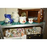 TWO BOXES AND LOOSE CERAMICS, WALL CLOCK ,etc, to include Limoges part teawares, Wedgwood figures '