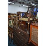 AN EDWARDIAN OAK SHIELD SHAPED TOILET MIRROR, a cream and gilt dressing mirrror, an Edwardian