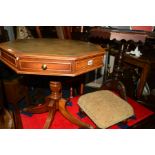 A BEVAN FUNNELL REPRODUX MAHOGANY OCTAGONAL DRUM TABLE, with a green tooled leather inlay top,