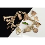 A SILVER CHARM BRACELET, together with various assorted silver charms, plain polished curb links