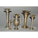 FOUR 20TH CENTURY SILVER POSY VASES AND A TWIN HANDLED SILVER VASE, mostly Edwardian/George V,
