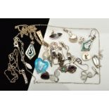 A SELECTION OF SILVER AND WHITE METAL JEWELLERY to include a Pilgrim pendant necklace, a pair of