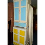 TWO SIMILAR SIZED VICTORIAN PAINTED PINE PANELLED TWO DOOR CUPBOARDS above single drawers, width
