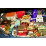 THREE BOXES OF VINTAGE AND MODERN BISCUIT CONFECTIONARY AND TOBACCO TINS ETC, to also include a deed