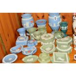 WEDGWOOD JASPERWARES, to include a pair of light blue vases, classical figures design, height