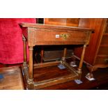 A GEORGIAN AND LATER OAK SIDE TABLE with a single drawer on turned legs united by stretchers,