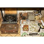 TWO BOXES AND LOOSE SUNDRY ITEMS, to include plastic clock faces, Clarke & Smith record player